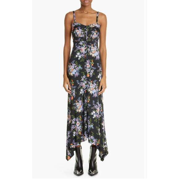 PACO RABANNE Midi Dress FR 44 US 12 Black Floral Print Asymmetric Button-Up NWT - Picture 1 of 16